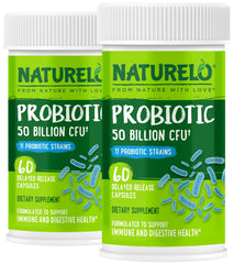 Naturelo Probiotics bottle close-up showing 50B CFU for digestive balance.