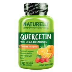 Naturelo Quercetin Citrus Bioflavonoid Complex bottle highlighting enhanced absorption for daily wellness.