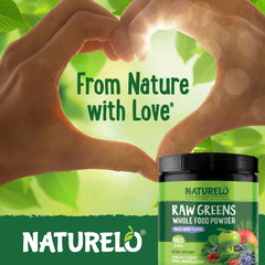 Naturelo Raw Greens front label emphasizes clean, vegan ingredients.