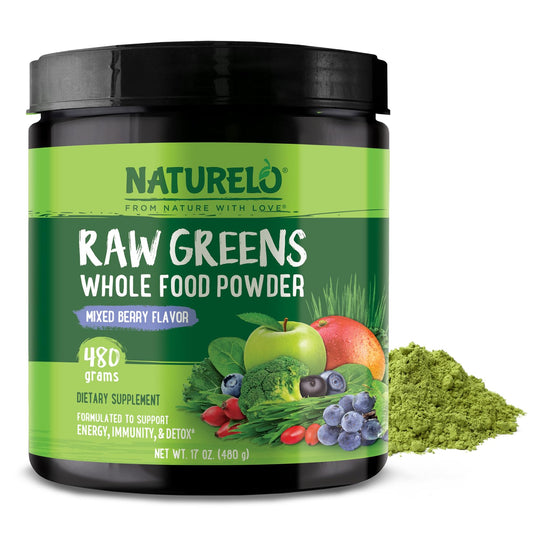 Naturelo Raw Greens mixed-berry bottle for daily plant-based nutrition.