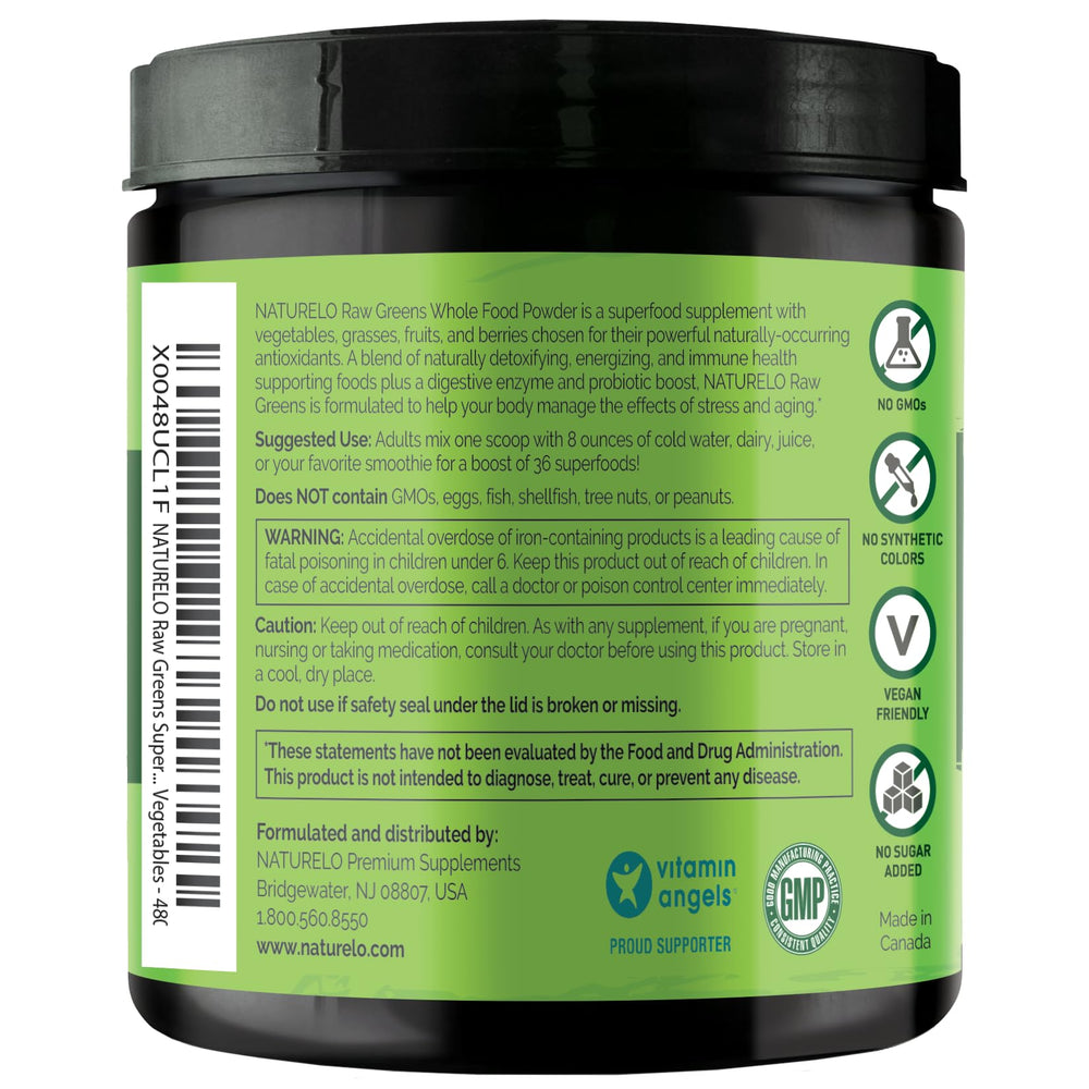 NATURELO ingredients chart highlighting greens and berries for balanced nutrition