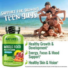 Naturelo whole-food nutrition with organic fruits and vegetables shown.
