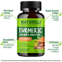 Naturelo Turmeric Curcumin capsules pack shows convenient, vegan daily supplement.