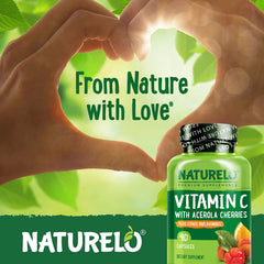 Naturelo Vitamin C non-GMO and gluten-free information on packaging.