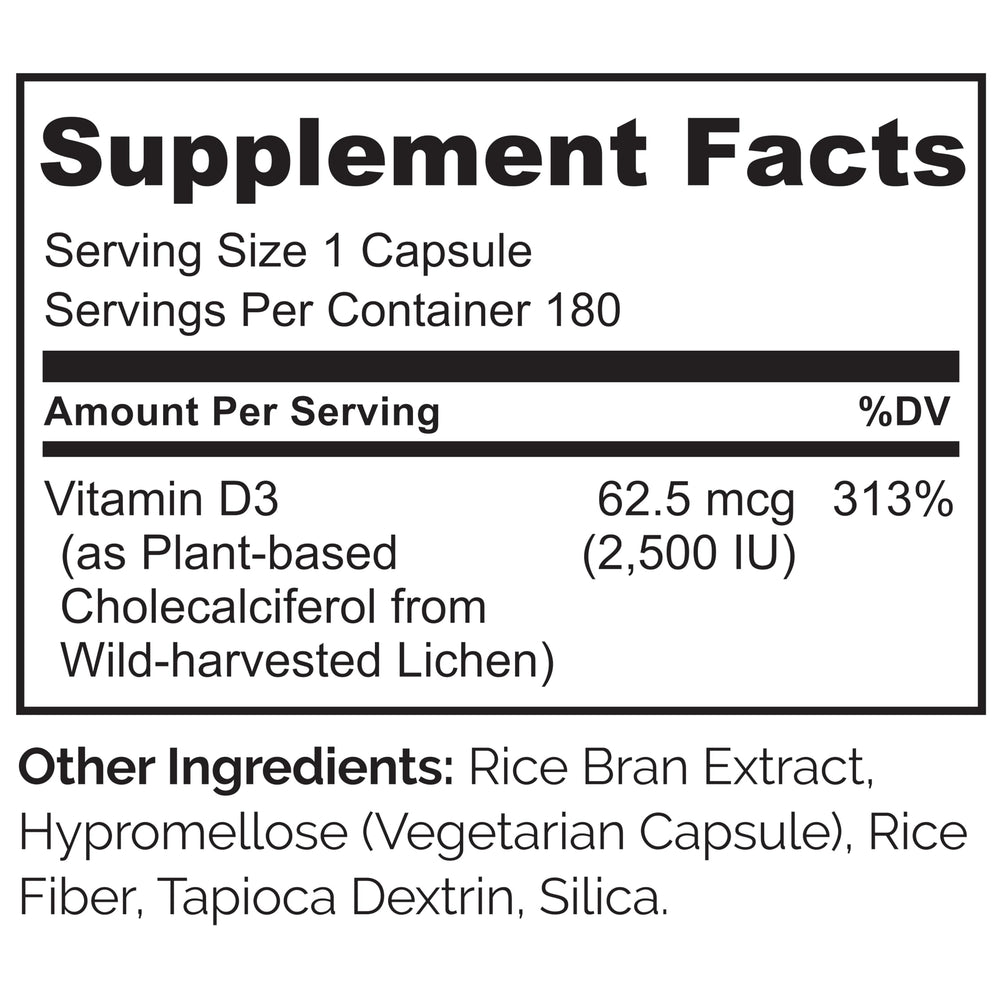 Naturelo Vitamin D3 2500 IU label highlights biologically active cholecalciferol form