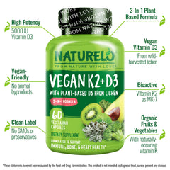 NATURELO vegan D3 from lichen label close-up emphasizing clean plant-based formulation.