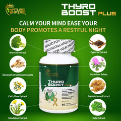 NatureMPIRE Thyro Boost Plus ingredients scene with botanicals and extracts.