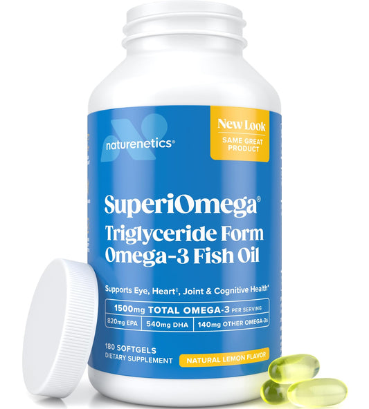 Naturenetics Triglyceride Omega-3 lemon softgels for eye and joint support.