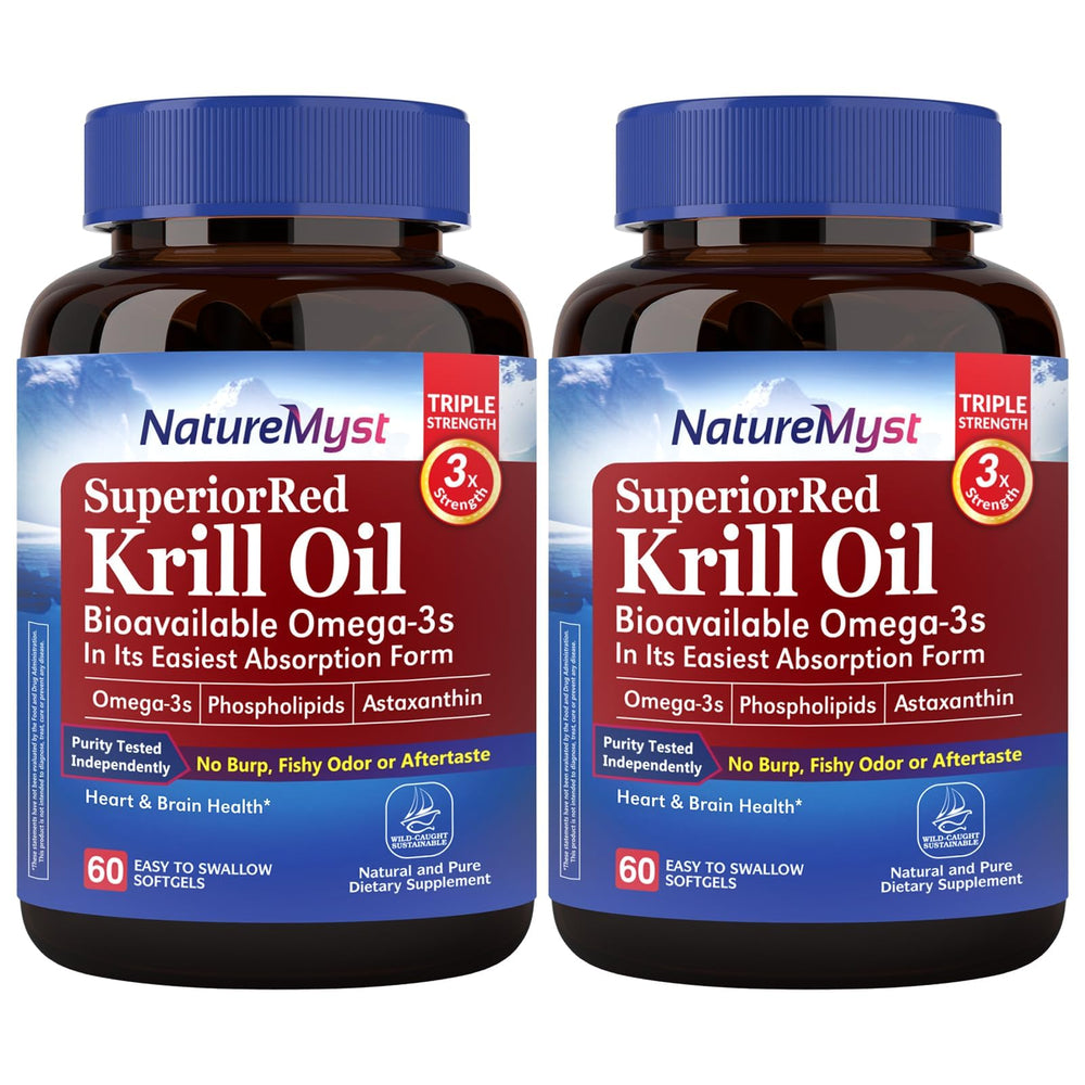 NatureMyst Krill Oil 1000mg softgels bottle highlights omega-3 support for brain and heart.