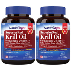 NatureMyst Krill Oil 1000mg softgels bottle highlights omega-3 support for brain and heart.