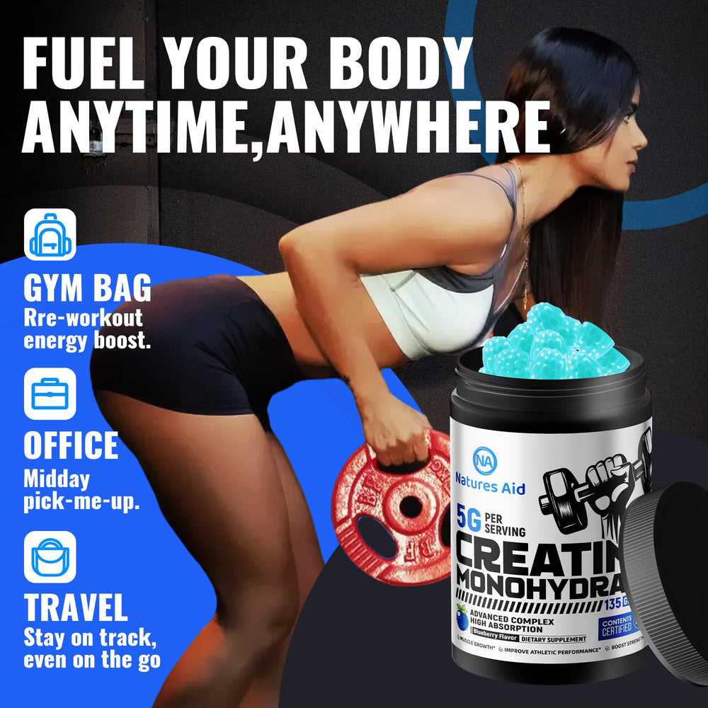 Natures Aid Creatine Gummy 135-count bottle for a long-lasting supply.