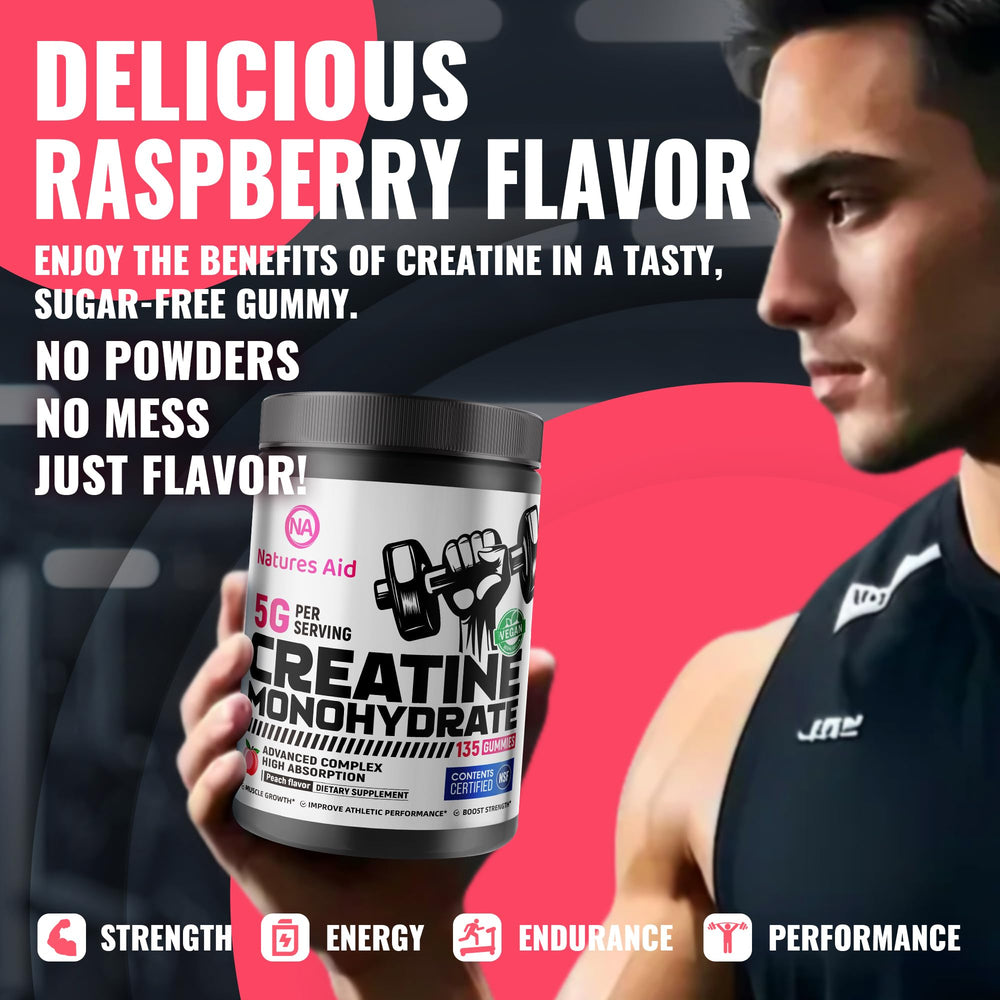 Natures Aid creatine gummy bottle on a desk suggesting daily routine
