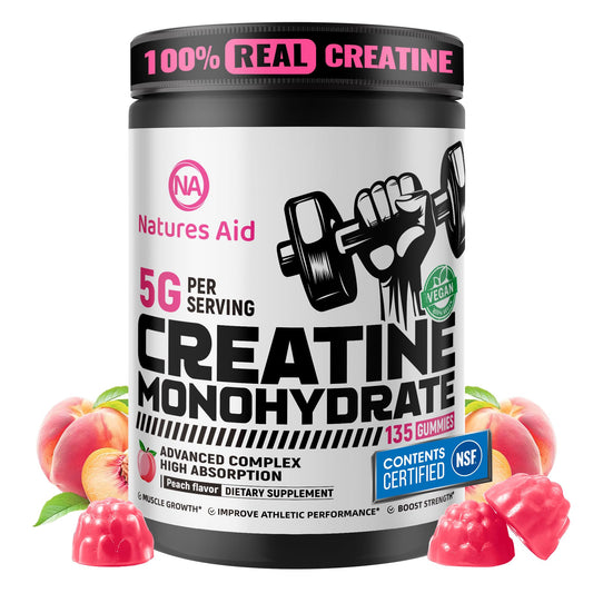 Natures Aid creatine gummy bottle front view for easy daily supplementation