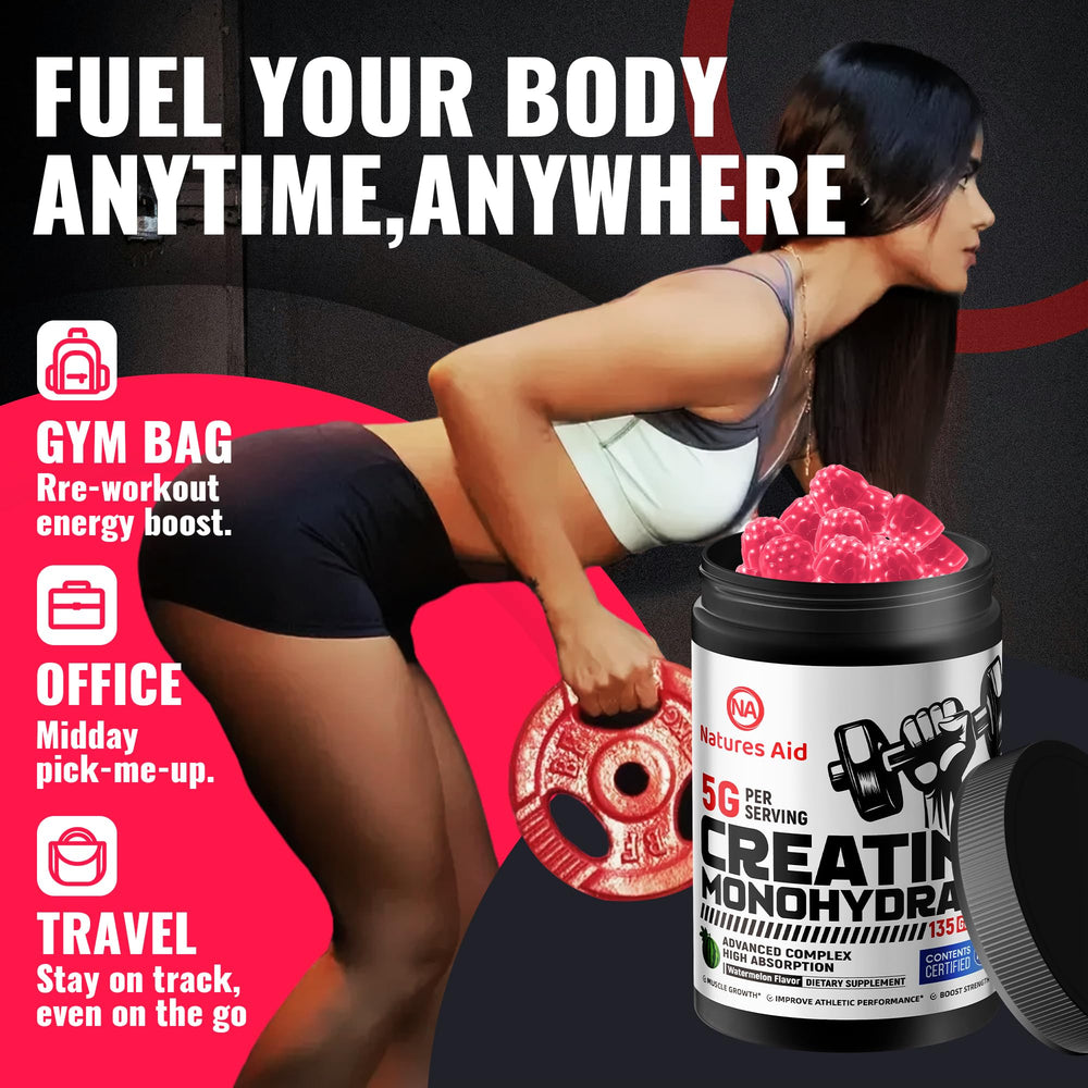 Nature’s Aid creatine gummy bottle in hand during workouts.