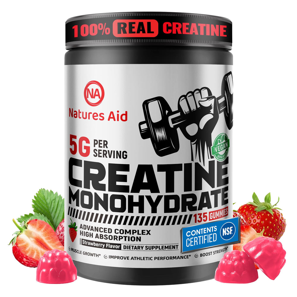 Natures Aid Creatine Gummy bottle shows convenient pre-workout nutrition for active adults.
