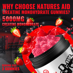 Natures Aid Creatine Gummy closeup shows chewy texture and vibrant strawberry flavor.