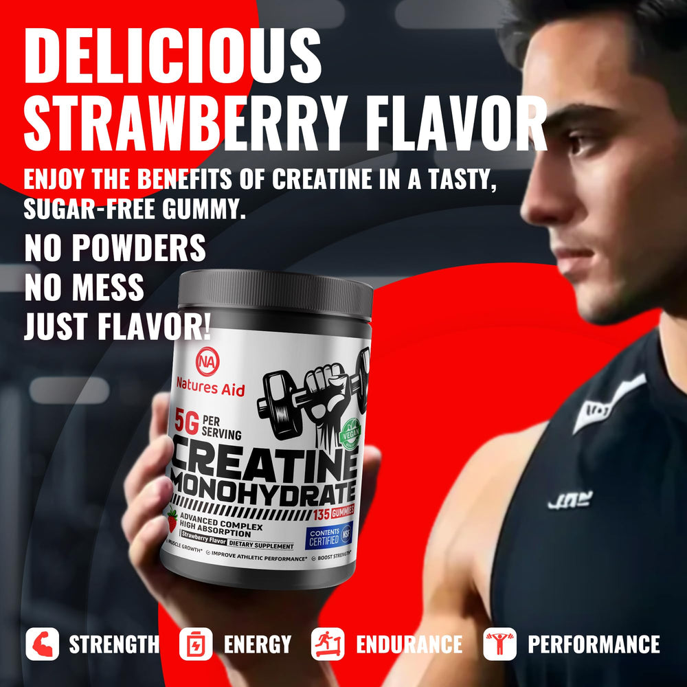 Natures Aid Creatine Gummy GMP factory badge signals quality production.