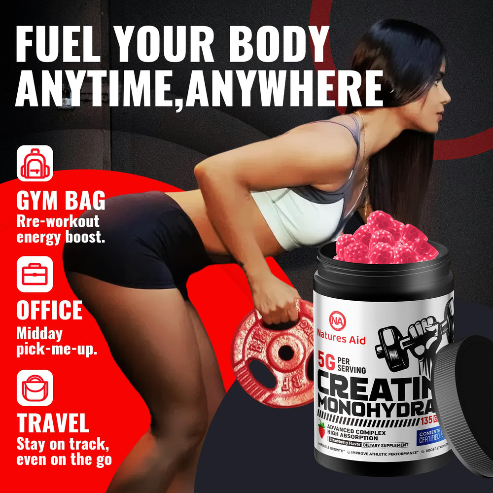 Natures Aid Creatine Gummy strawberry flavor supports refreshing workouts.