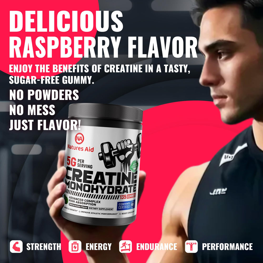 Nature’s Aid creatine gummy vegan and sugar-free for clean intake.