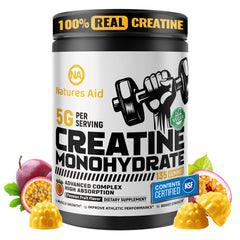 Natures Aid Creatine Monohydrate Gummies bottle close-up showing label for energy during workouts.