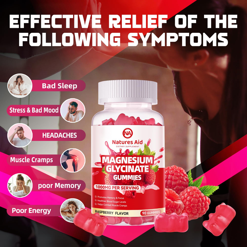 Natures Aid Magnesium Glycinate Gummies closeup highlights raspberry flavor and soft chew.