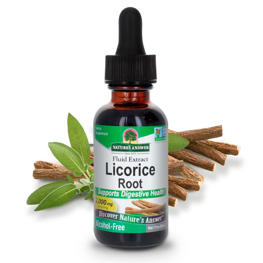 Nature's Answer Licorice Root bottle with pour highlighting dosage for digestive balance