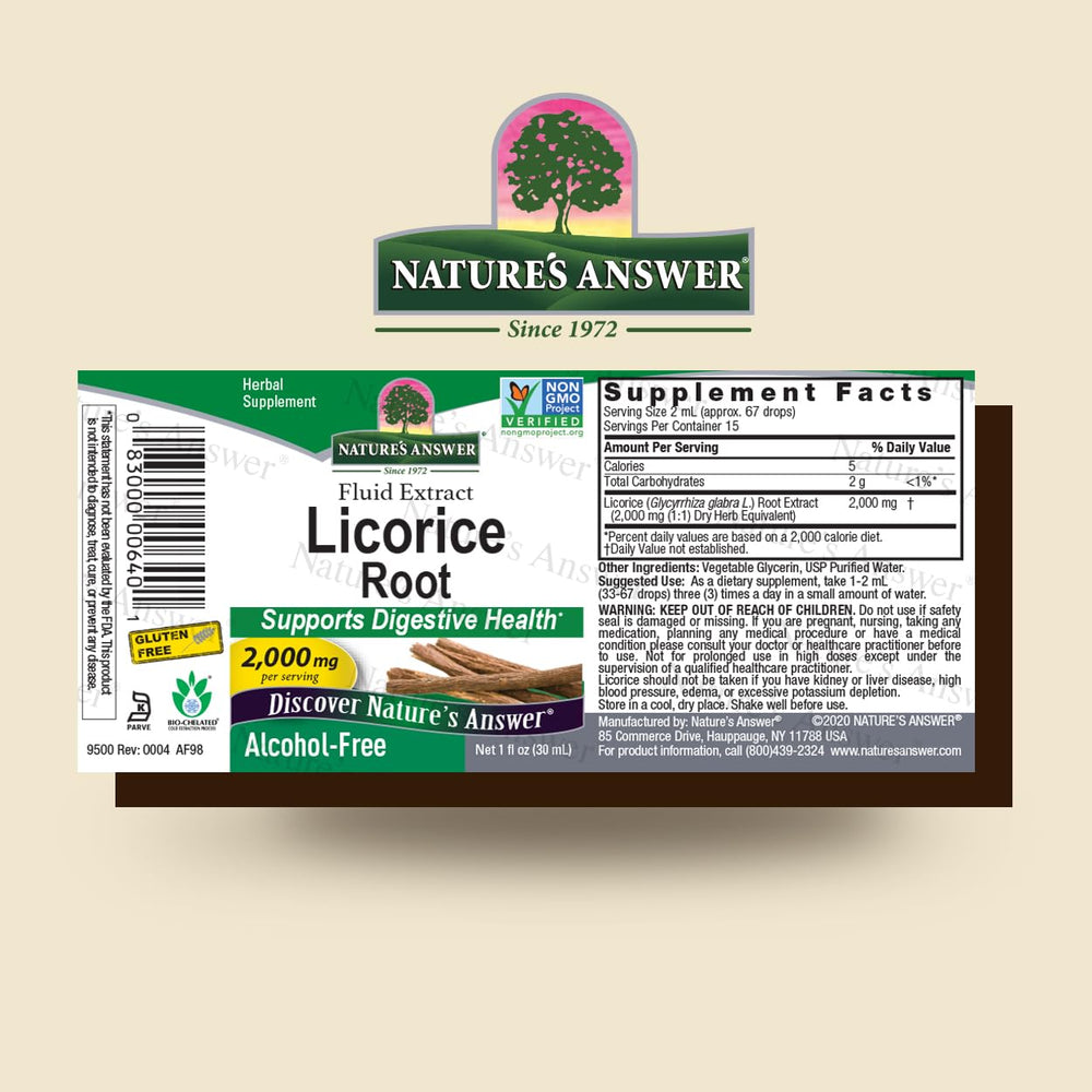 Nature's Answer Licorice Root label close-up showing authenticity and non-GMO promise