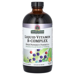 Nature's Answer Liquid Vitamin B-Complex bottle pour shows fast absorption and easy dosing.