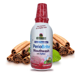 Nature's Answer PerioBrite bottle with cinnamon for a refreshing rinse.