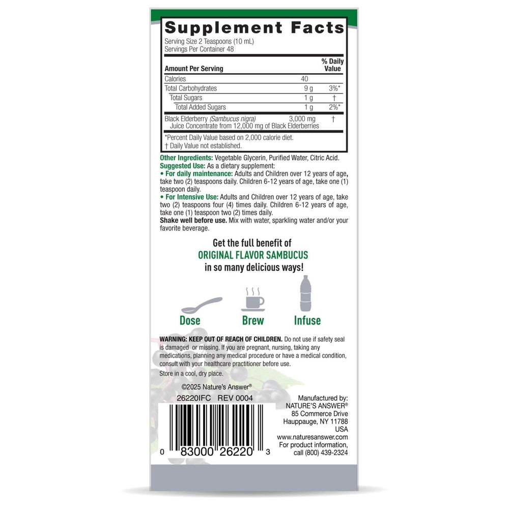 Nature's Answer Sambucus Elderberry Syrup elderberry close-up highlights antioxidant-rich ingredients.