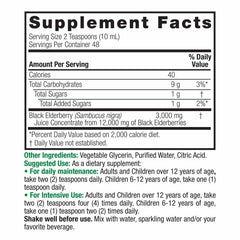 Nature's Answer Sambucus Elderberry Syrup label shows vegan gluten-free formula details.