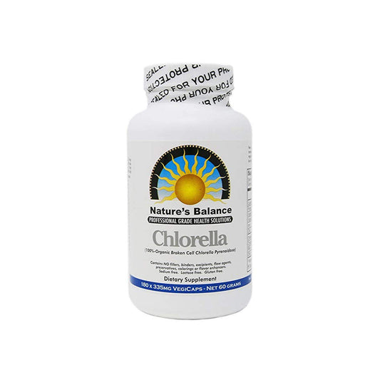 Nature's Balance Premium Chlorella bottle with nutrient-rich greens supporting daily health.