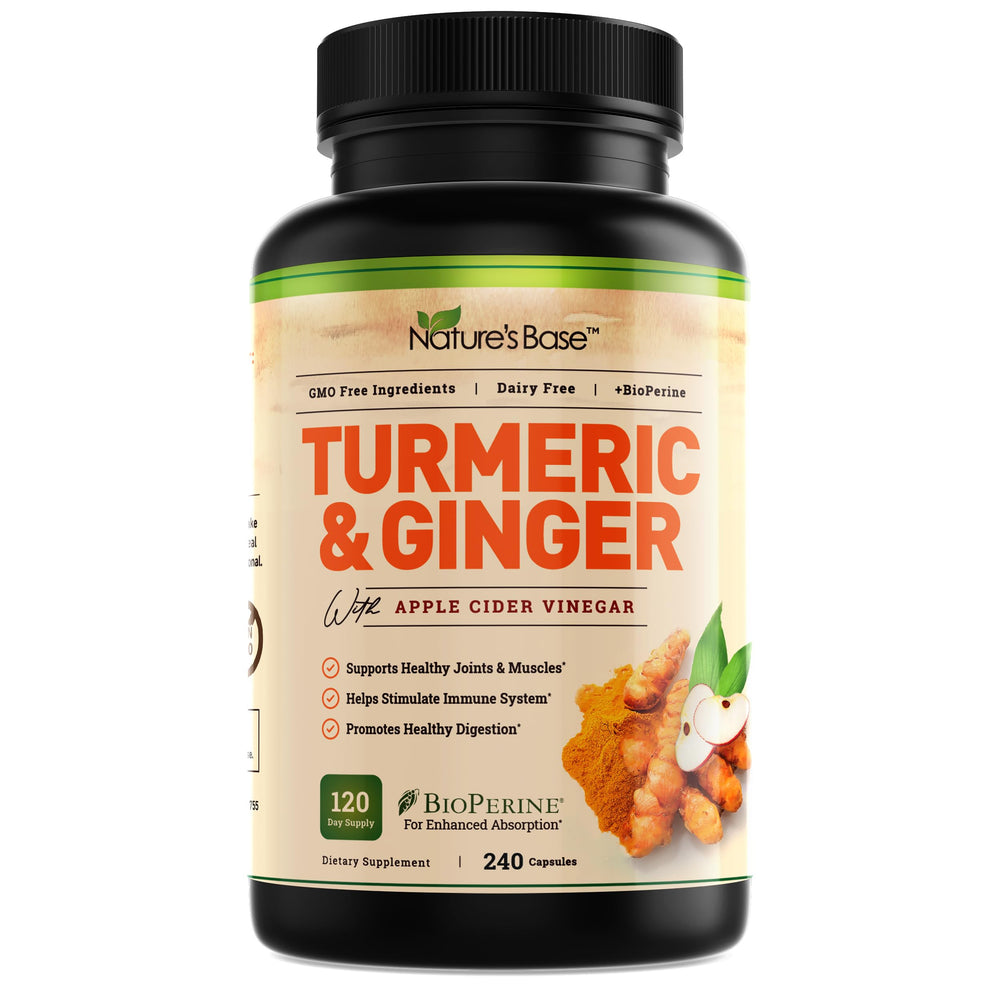 Nature's Base turmeric-ginger supplement bottle with easy daily capsules for convenient wellness.