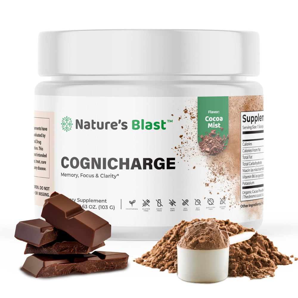 NATURES BLAST CogniCharge tub front with cocoa mist flavor for daily focus.