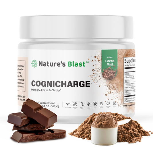 NATURES BLAST CogniCharge tub front with cocoa mist flavor for daily focus.