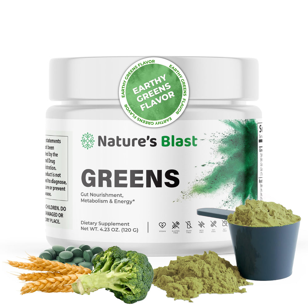 NATURES BLAST Greens Superfood Powder bottle front for daily energy and gut health