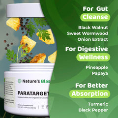 NATURES BLAST ParaTarget bottle highlights Black Walnut Hull blend for natural digestive balance