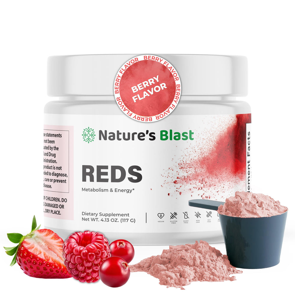 NATURES BLAST Reds bottle front shows vibrant packaging for antioxidant support.