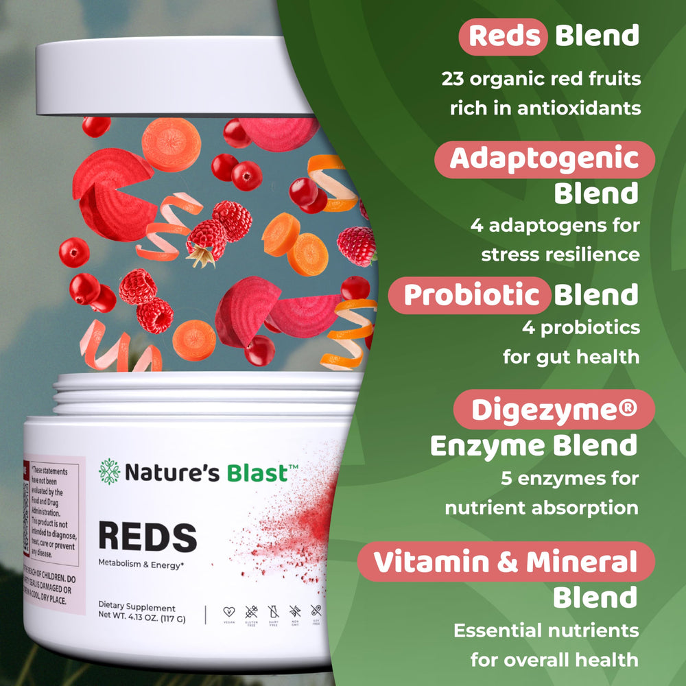 NATURES BLAST Reds glass with smoothie showcases vibrant ruby color.