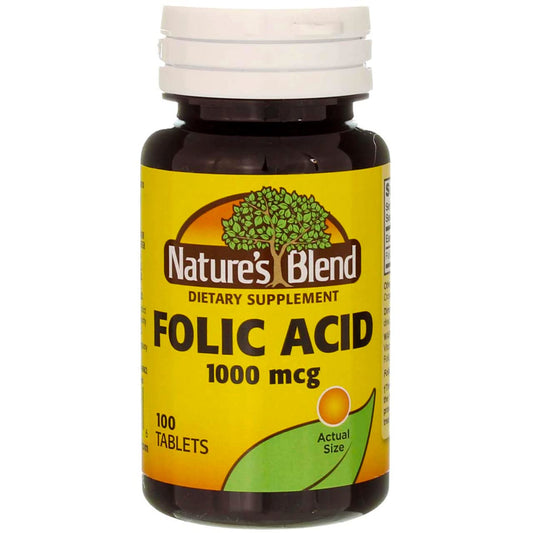 Nature's Blend folic acid 1000mcg tablet bottle supports a daily wellness routine.