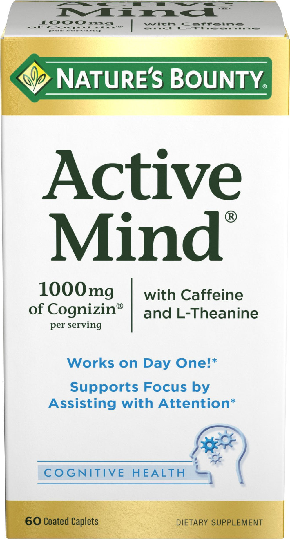 Nature's Bounty Active Mind bottle cap shown, signaling easy daily use for focus
