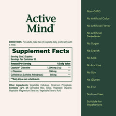 Nature's Bounty Active Mind ingredients pill closeup communicates 1000 mg Cognizin plus L-Theanine