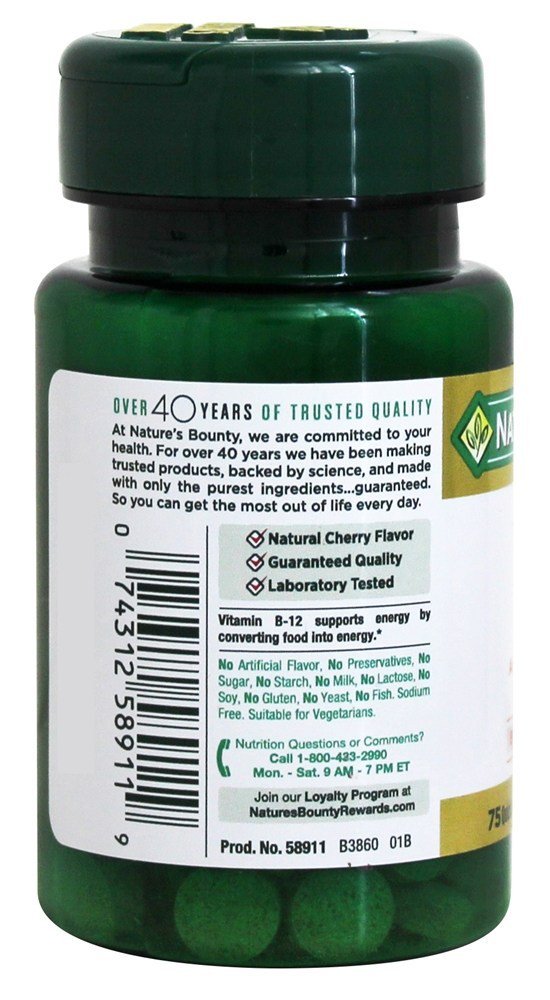 Nature's Bounty B12 Sublingual bottle with cherry flavor, ideal for quick daily energy support.