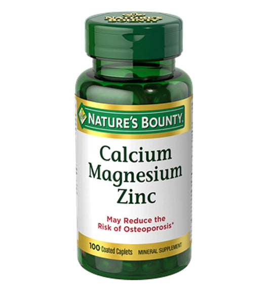 Nature's Bounty Calcium Magnesium Zinc bottle cap shows bone support potential