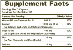 Nature's Bounty Calcium Magnesium Zinc bottle label highlights absorbable minerals