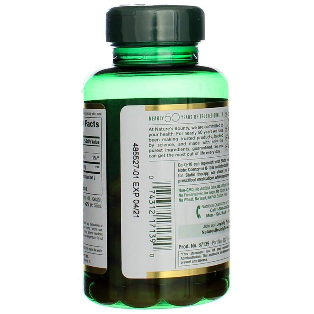 Nature's Bounty CoQ10 200 mg bottle label; heart health support on the go.