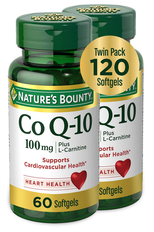 Nature's Bounty CoQ10 Plus L-Carnitine softgels bottle front, supporting heart health and antioxidant protection.