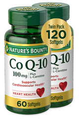 Nature's Bounty CoQ10 Plus L-Carnitine softgels bottle front, supporting heart health and antioxidant protection.