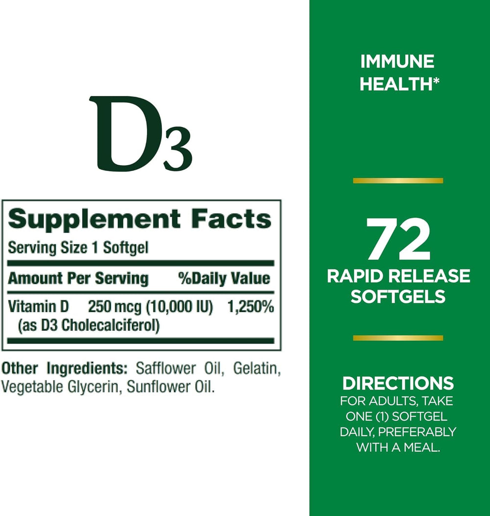 Nature's Bounty D3 softgels closeup highlights easy-to-swallow form
