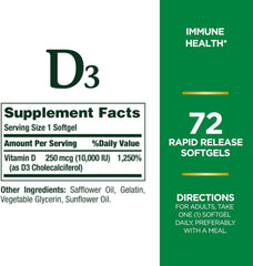 Nature's Bounty D3 softgels closeup highlights easy-to-swallow form